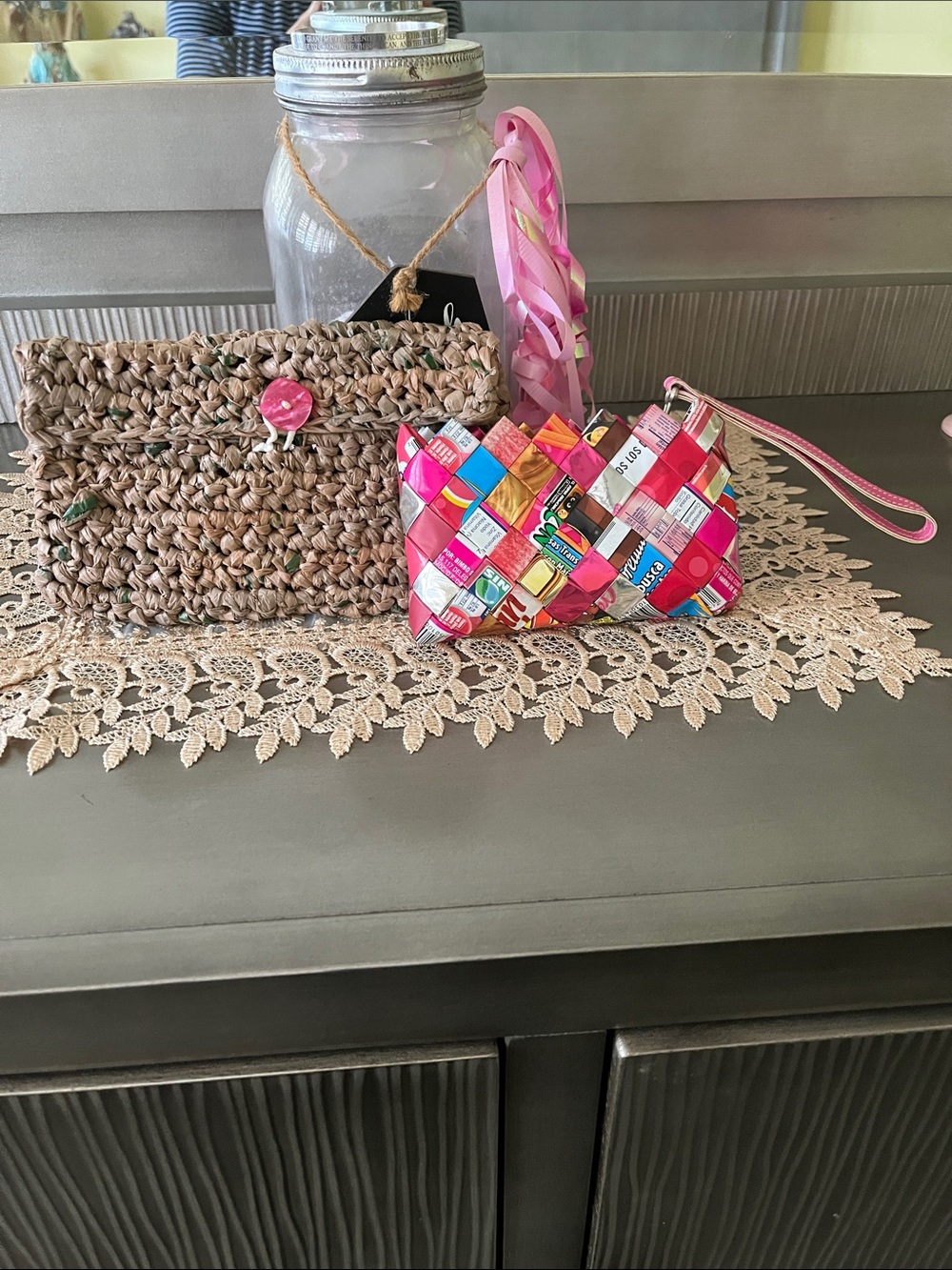 Handwoven Pink Multi-Color Wristlet Clutch